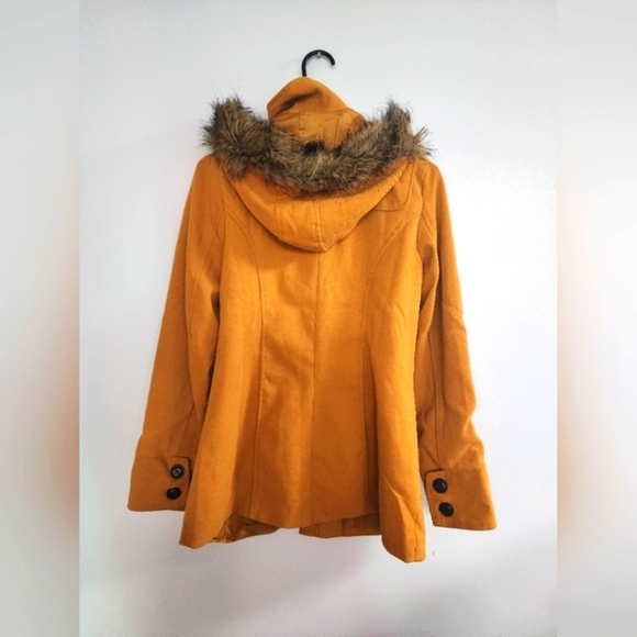 Women's Mustard Toggle Coat with Faux Fur Trim - Picture 3 of 3